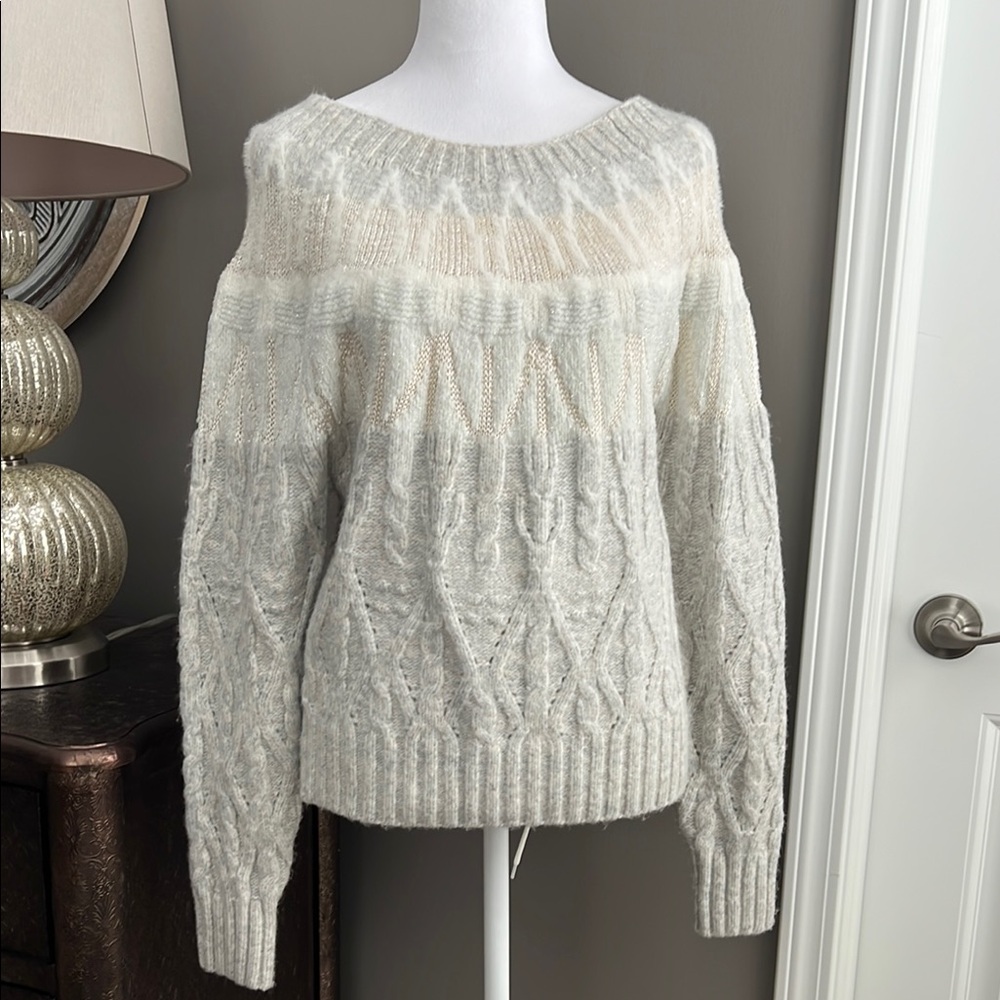 WHBM Cream Cable Knit Scoop Neck Sweater